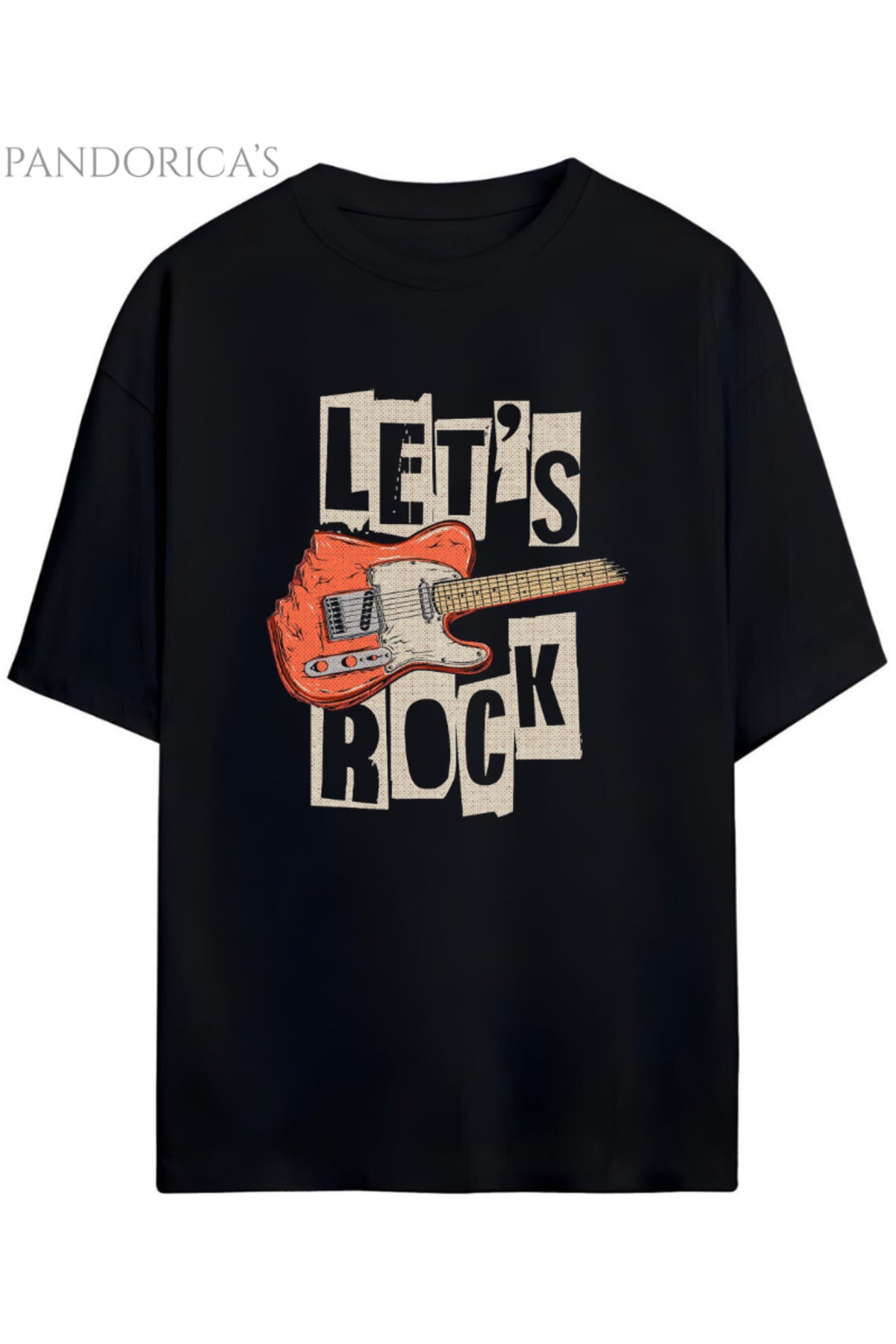 Siyah Pandorica's Rock Tasarım Serisi "Let's Rock" Yazılı Gitar Baskılı Unisex Pamuklu T-Shirt - 69