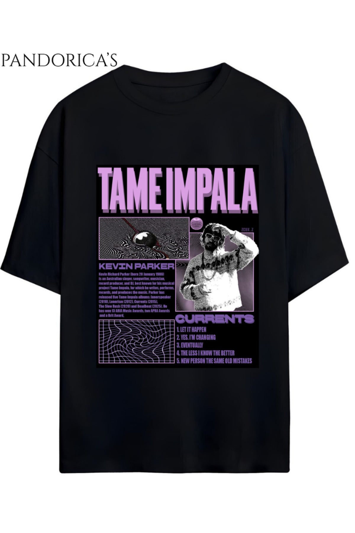 Siyah Tame Impala Tasarımı Yazılı Baskılı Unisex Pamuklu Relaxed Kalıp Tişört - 15