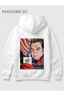 The Boys HOMELANDER Tasarımı " milk? " Yazılı SIRT ve ÖN Baskılı Unisex Kapüşonlu Pamuklu Sweatshirt Hoodie