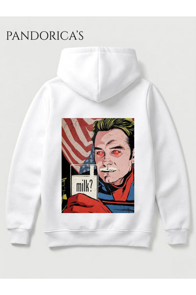 The Boys HOMELANDER Tasarımı " milk? " Yazılı SIRT ve ÖN Baskılı Unisex Kapüşonlu Pamuklu Sweatshirt Hoodie