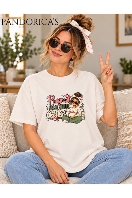 Kadın Hamile Temalı "Pregnant But Still Cute" Yazılı Baskılı Oversize Pamuklu Tişört Bisiklet Yaka