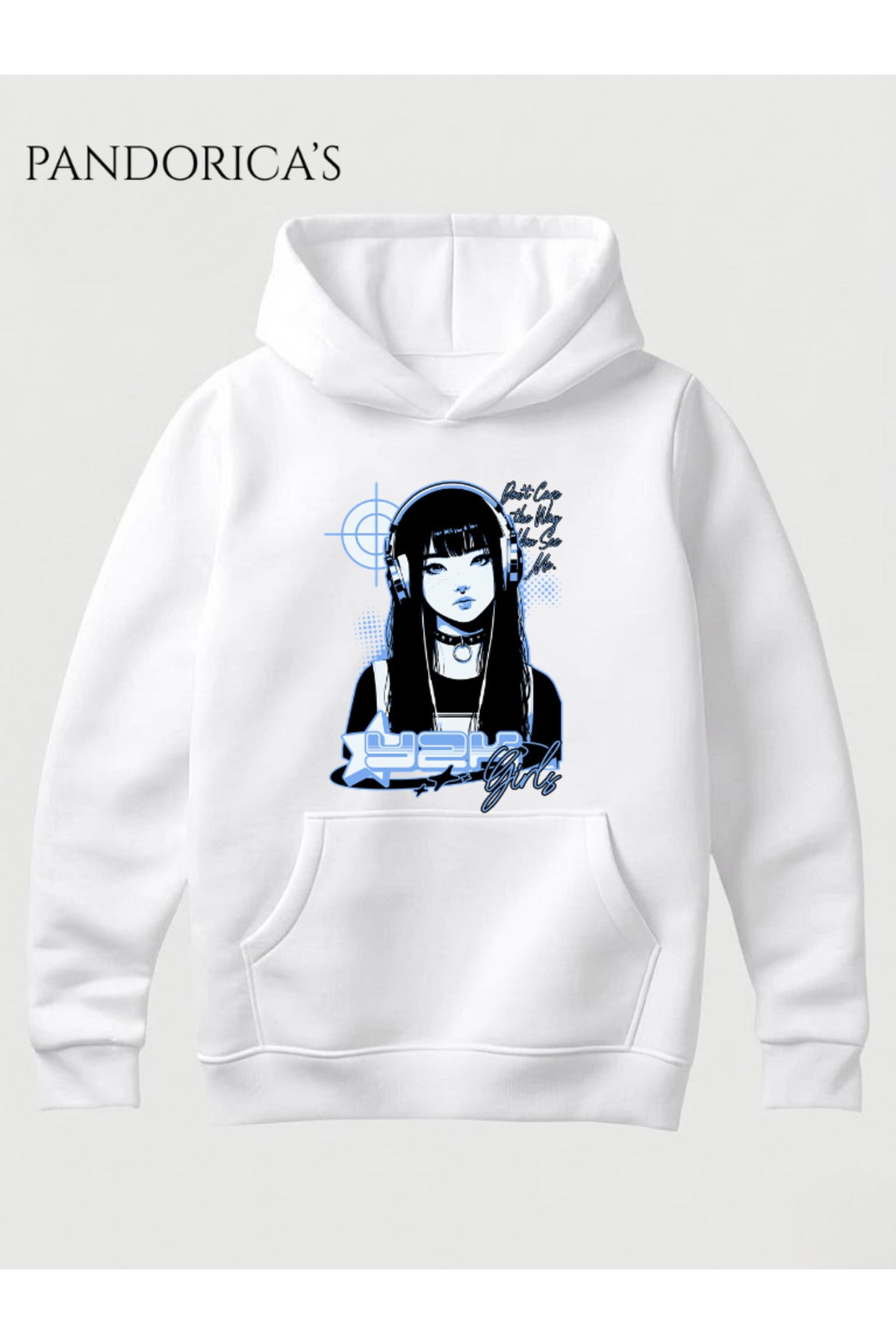Beyaz Unisex Y2K Girls Anime Kız Baskılı Kapüşonlu Sweatshirt Cyberpunk Pamuklu Streetwear Hoodie - 69