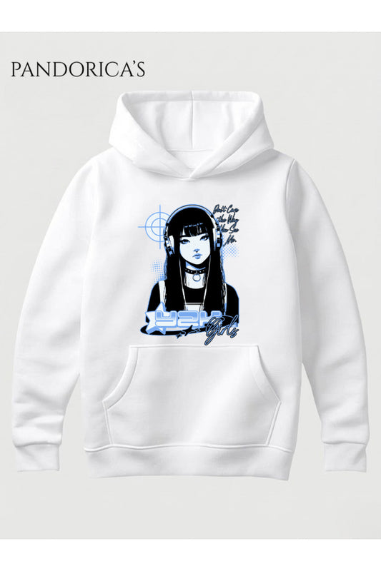 Unisex Y2K Girls Anime Kız Baskılı Kapüşonlu Sweatshirt Cyberpunk Pamuklu Streetwear Hoodie