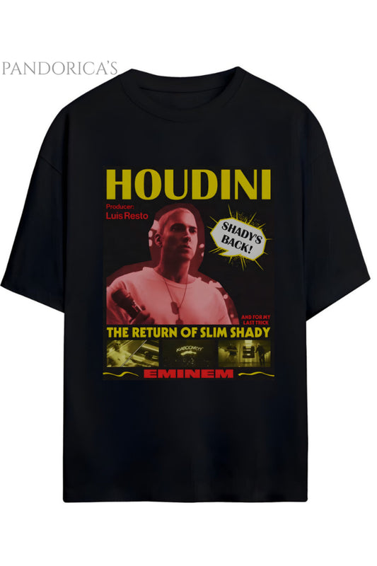 EMINEM TASARIMI " HOUDINI THE RETURN OF SLIM SHADY" BASKILI YAZILI PAMUKLU UNISEX TİŞÖRT
