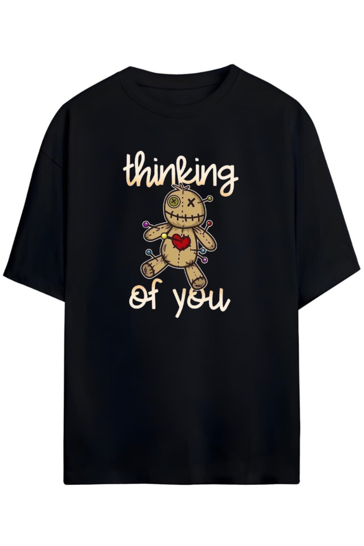 Siyah Thinking Of You Yazılı Çizimlı Unisex Pamuklu T-Shirt - 9