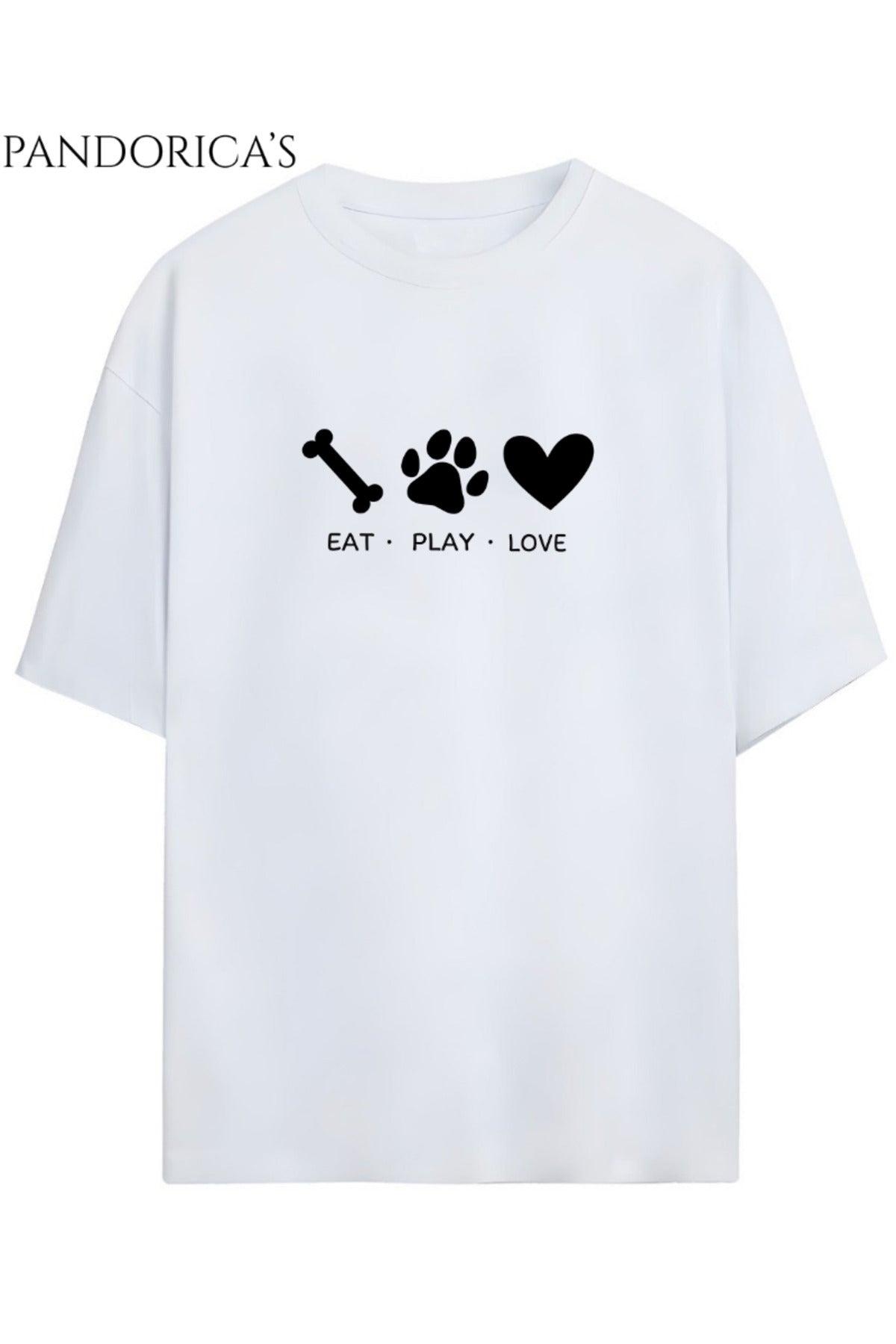 Beyaz "Eat,Play,Love" Yazılı Pati Baskılı Köpeksever Unisex Pamuklu Tişört - 39