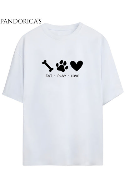 "EAT,PLAY,LOVE" Yazılı Pati Baskılı Köpeksever Unisex Pamuklu Tişört