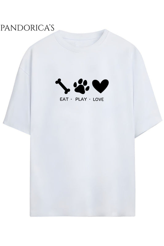 "EAT,PLAY,LOVE" Yazılı Pati Baskılı Köpeksever Unisex Pamuklu Tişört