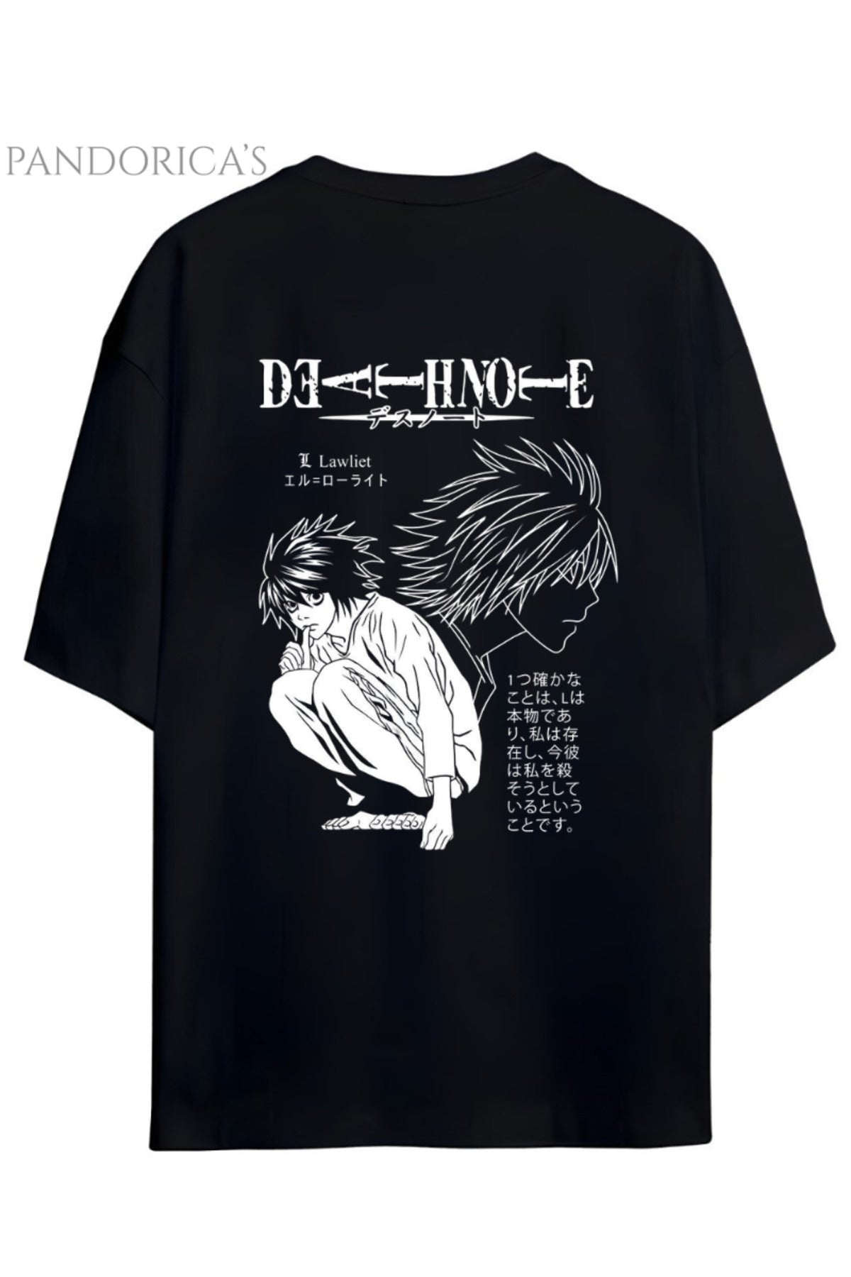 Siyah Death Note Anime Tasarım Serisi Ki̇ra Ve L. Lawliet Sırt Baskılı Yazılı Unisex Pamuklu Tişört - 9