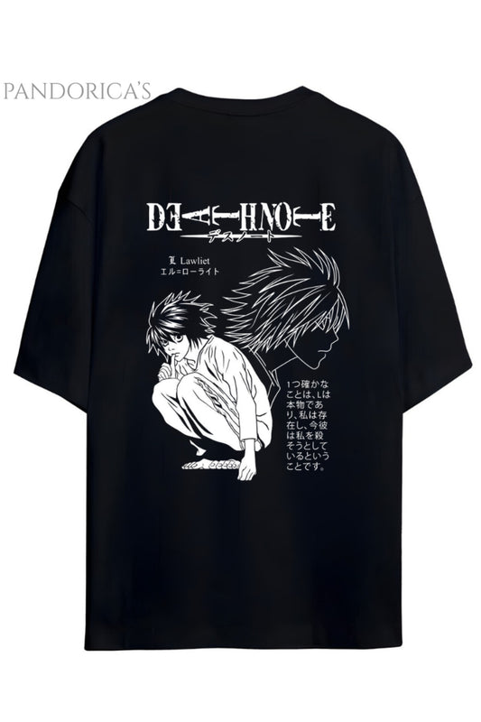 DEATH NOTE ANİME TASARIM SERİSİ KİRA VE L. LAWLIET SIRT BASKILI YAZILI UNISEX PAMUKLU TİŞÖRT