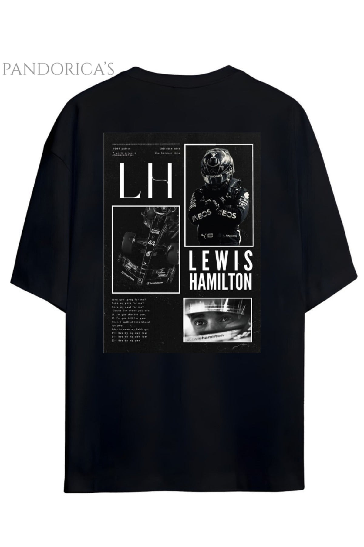 Pandorica's Lewis Hamilton Tasarımı Sırt Ve Göğüs Baskılı Unisex Pamuklu T-Shirt