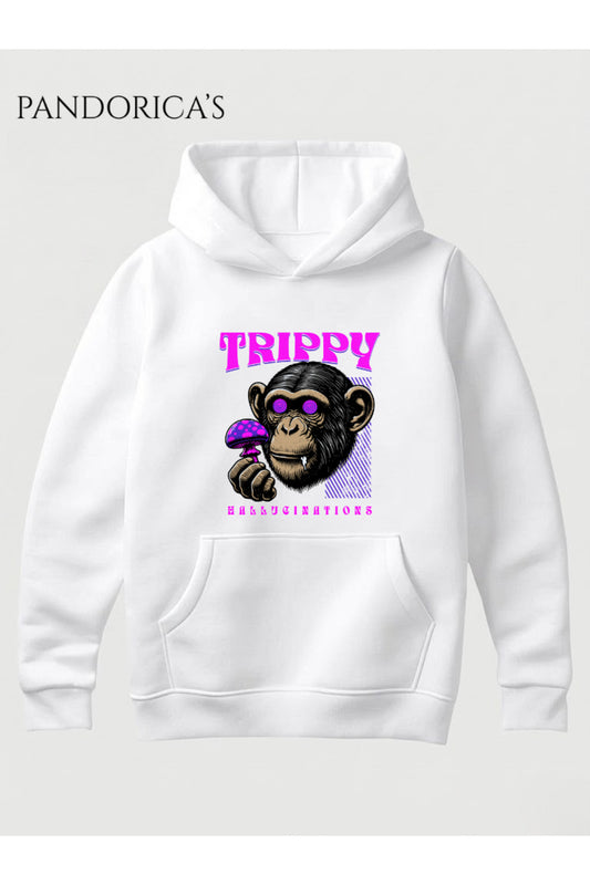 Streetwear Tasarım Serisi "TRIPPY" Yazılı Maymun Baskılı Unisex Kapüşonlu Pamuklu Sweatshirt (Hoodie)