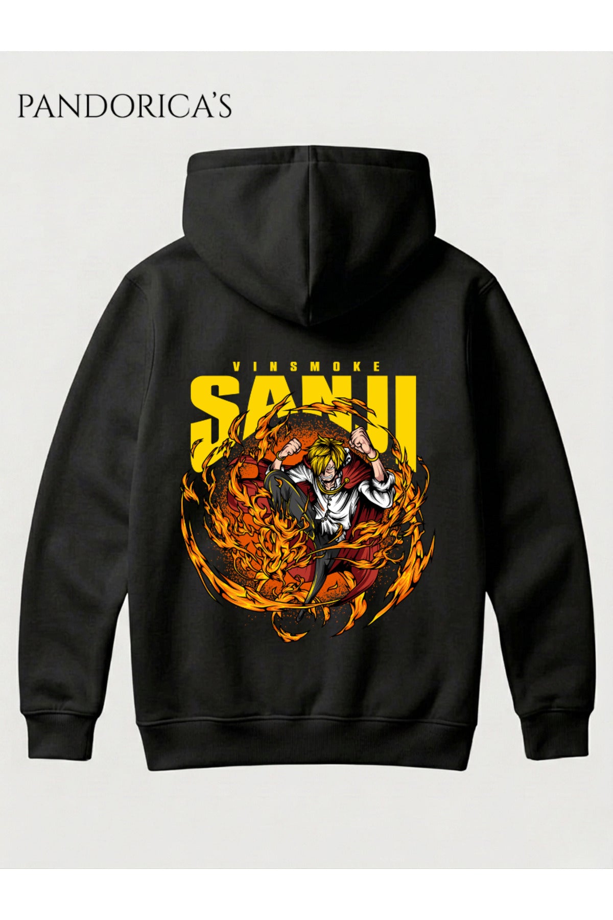 Siyah One Piece Özel Tasarım Serisi "Vinsmoke Sanji" Yazılı Sırt Baskılı Unisex Kapüşonlu Pamuklu Sweatshirt (Hoodie) - 17