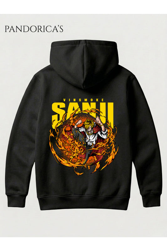 One Piece Özel Tasarım Serisi "VINSMOKE SANJI" Yazılı Sırt Baskılı Unisex Kapüşonlu Pamuklu Sweatshirt (Hoodie)