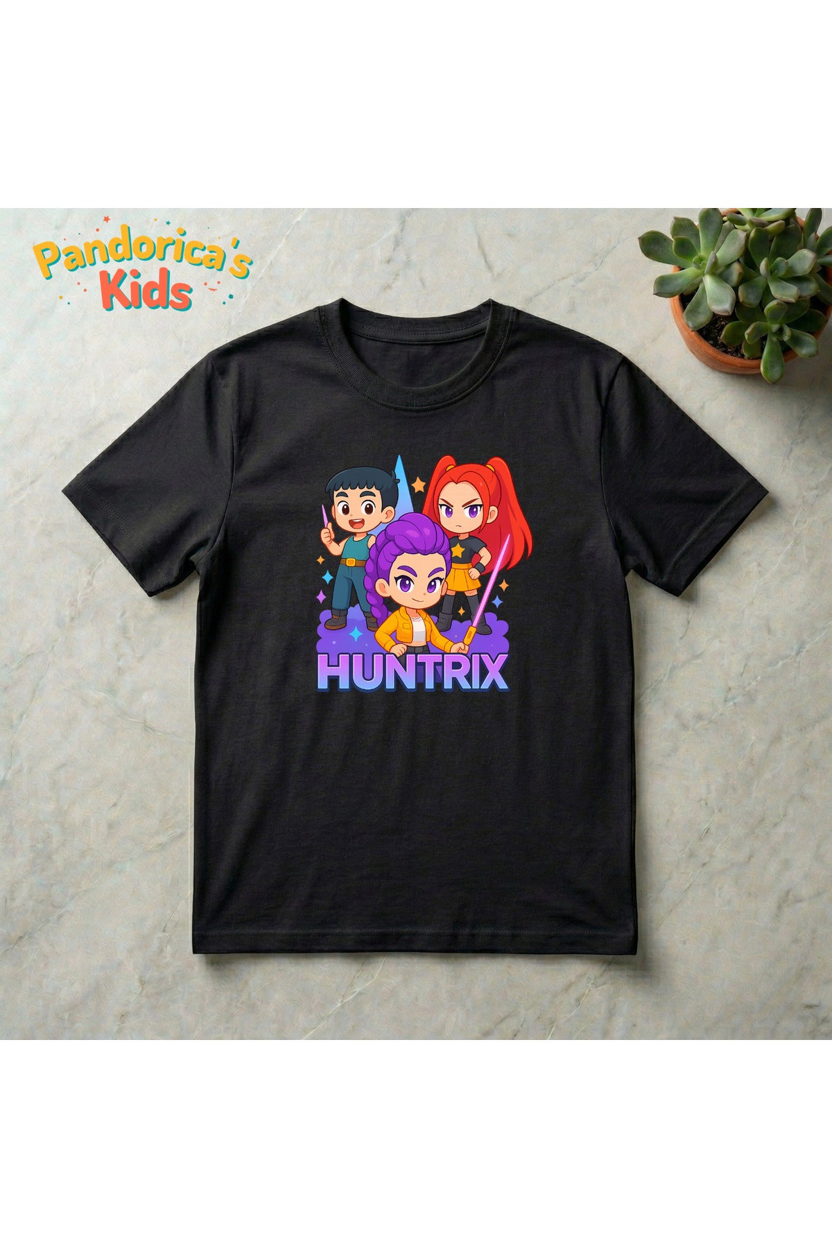 Siyah Pandorica's Kpop İblis Avcıları (Demon Hunters) Tasarımı Pamuklu Unisex Çocuk T-Shirt - 72