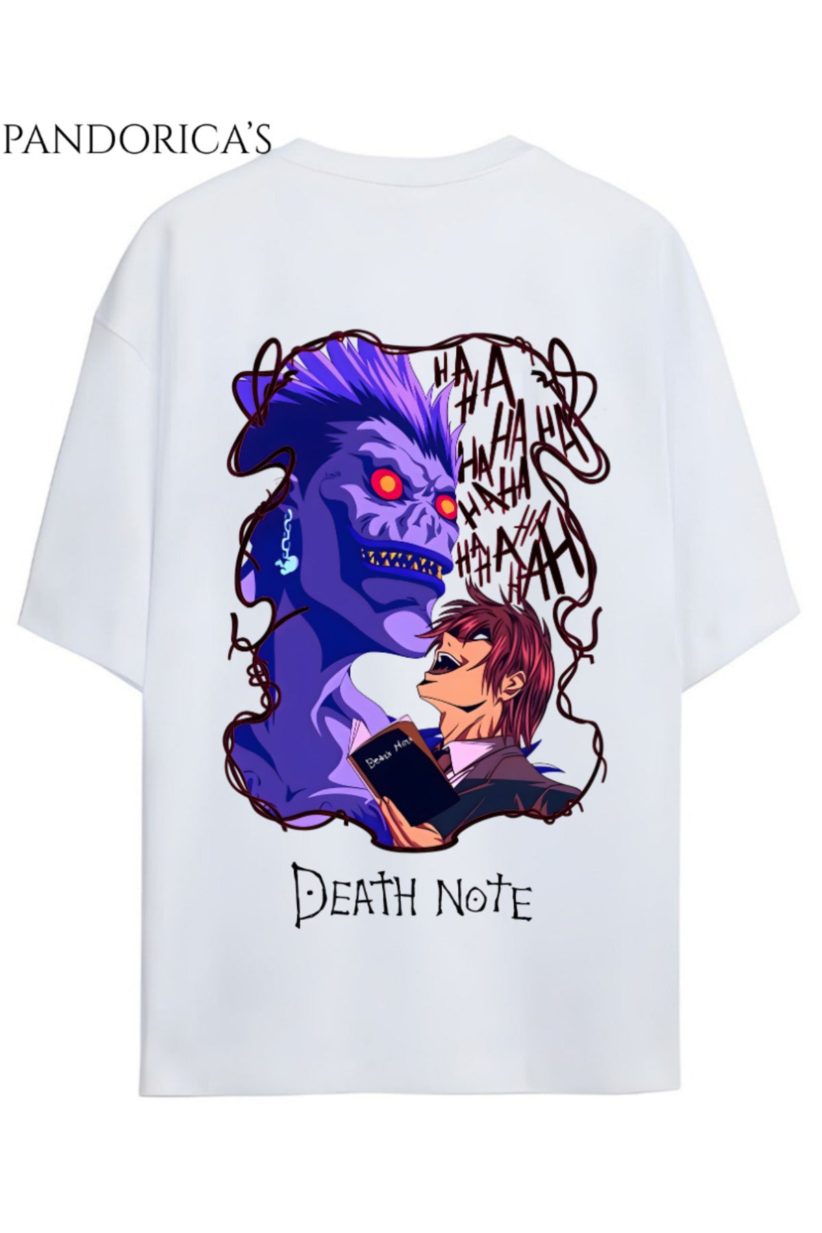Beyaz Death Note Anime Tasarım Serisi Ryuk Ve Ki̇ra Sırt Baskılı Yazılı Unisex Pamuklu Tişört - 53