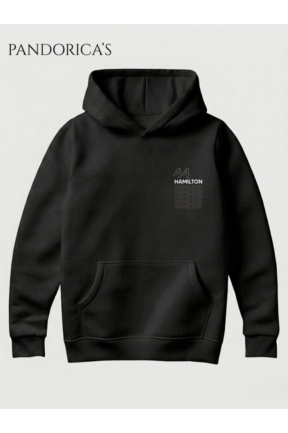 Siyah Lewis Hamilton 44 Tasarımı Sırt Ve Göğüs Baskılı Unisex Kapüşonlu Pamuklu Sweatshirt (Hoodie) - 9
