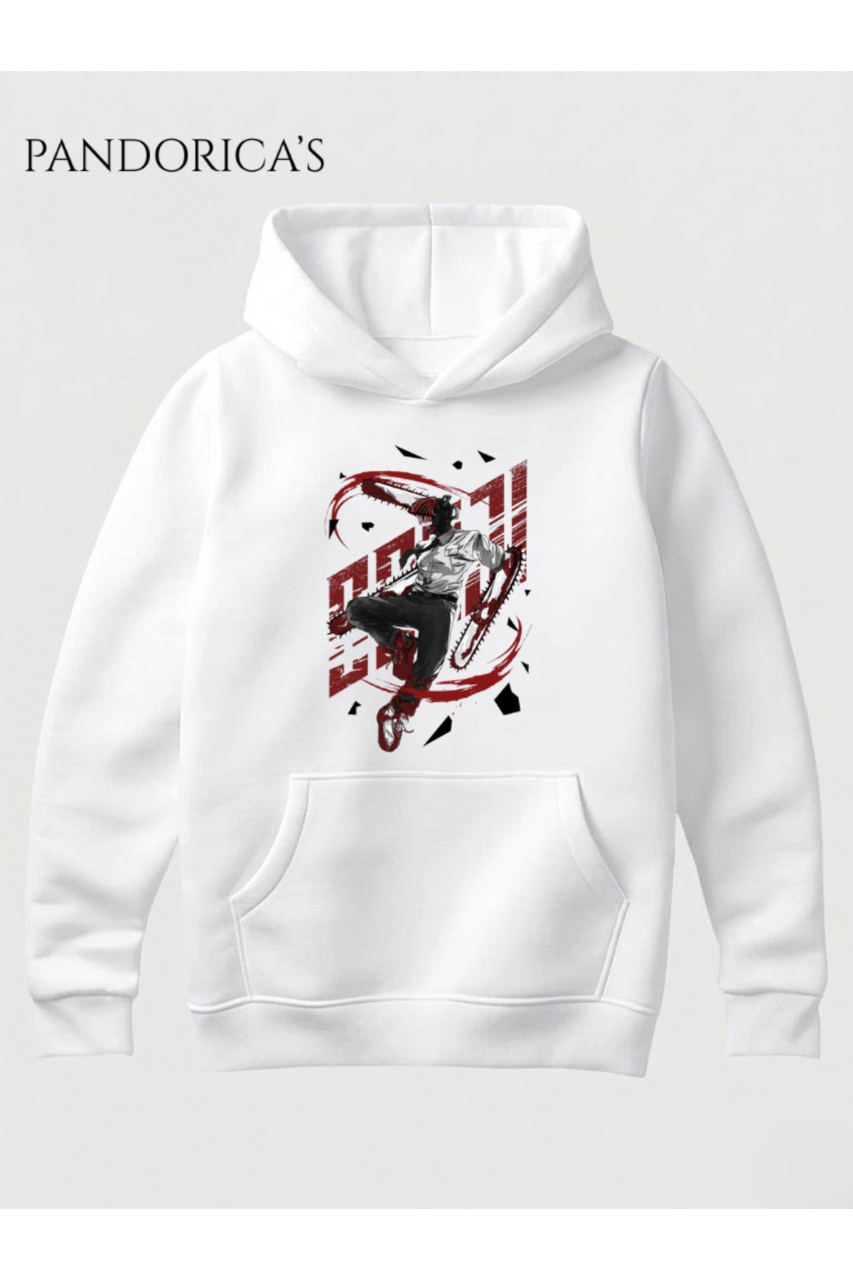 Beyaz Chainsaw Man Anime Manga Tasarım Serisi Yazılı Baskılı Unisex Kapüşonlu Pamuklu Sweatshirt Hoodie - 51