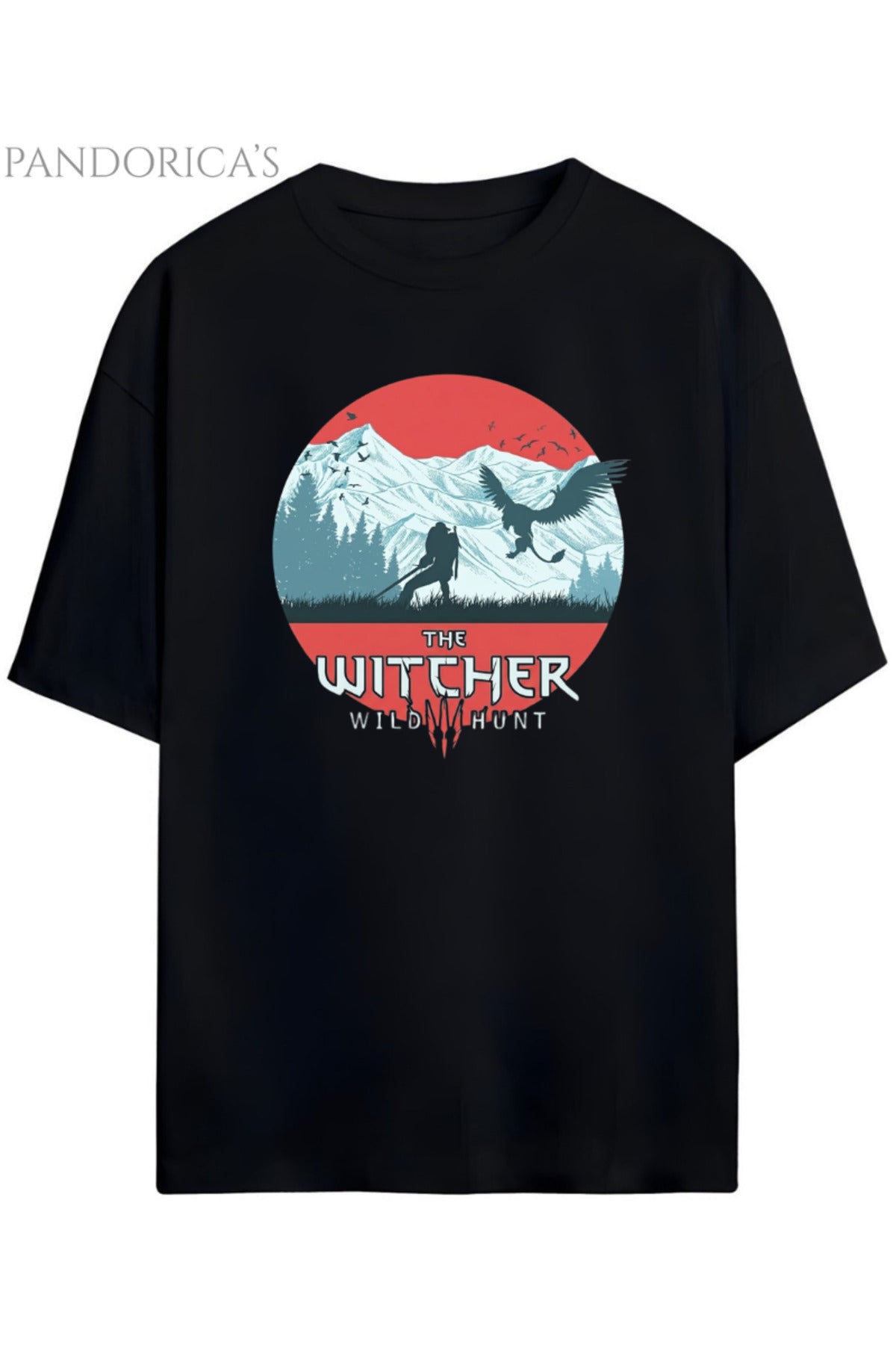 Siyah Pandorica's The Witcher Tasarımı Baskılı Yazılı Unisex Pamuklu T-Shirt - 1