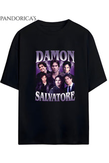 The Vampire Diaries "DAMON SALVATORE" Tasarımı Retro Kolaj Baskılı Yazılı Unisex Pamuklu T-shirt