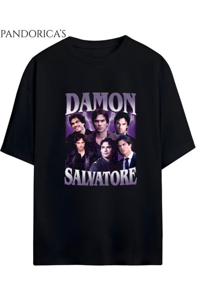The Vampire Diaries "DAMON SALVATORE" Tasarımı Retro Kolaj Baskılı Yazılı Unisex Pamuklu T-shirt
