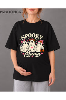 Kadın Hamile Temalı "SPOOKY MAMA" Yazılı Cadılar Bayramı Sevimli Hayalet Baskılı Oversize Pamuklu Tişört Bisiklet Yaka