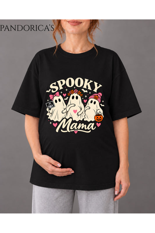 Kadın Hamile Temalı "SPOOKY MAMA" Yazılı Cadılar Bayramı Sevimli Hayalet Baskılı Oversize Pamuklu Tişört Bisiklet Yaka