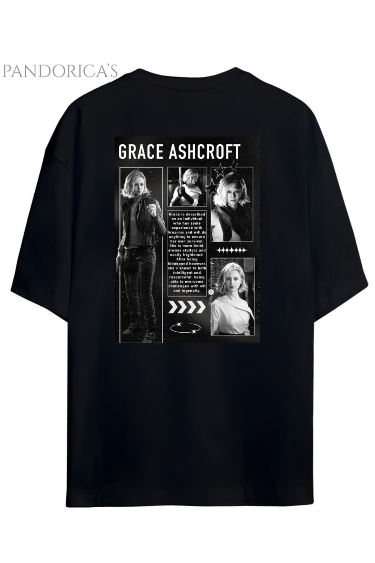 Pandorica's Resident Evil Grace Ashcroft Karakter Dosyası Sırt Baskılı Unisex Pamuklu T-Shirt