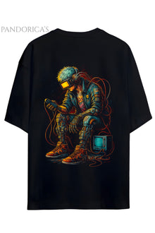 Cyberpunk Street Style Serisi Sırt Baskılı Pamuklu Relaxed Kalıp Siyah Unisex Tişört
