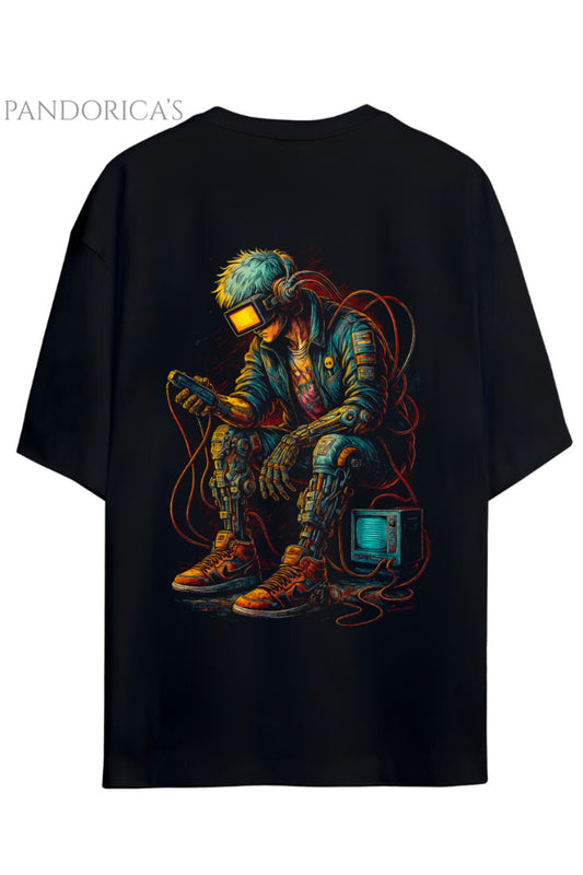 Cyberpunk Street Style Serisi Sırt Baskılı Pamuklu Relaxed Kalıp Siyah Unisex Tişört