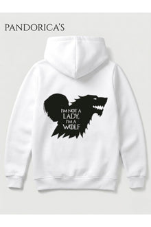 Game Of Thrones Tasarımı Arya Stark "I'M NOT A LADY, I'M A WOLF" Yazılı Sırt ve Ön Baskılı Unisex Kapüşonlu Pamuklu Sweatshir