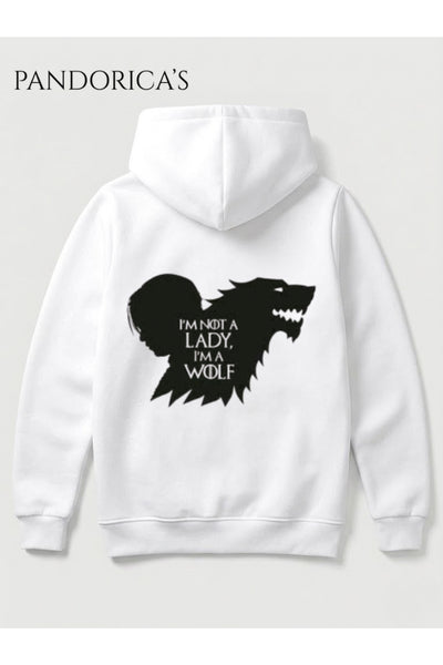 Game Of Thrones Tasarımı Arya Stark "I'M NOT A LADY, I'M A WOLF" Yazılı Sırt ve Ön Baskılı Unisex Kapüşonlu Pamuklu Sweatshir