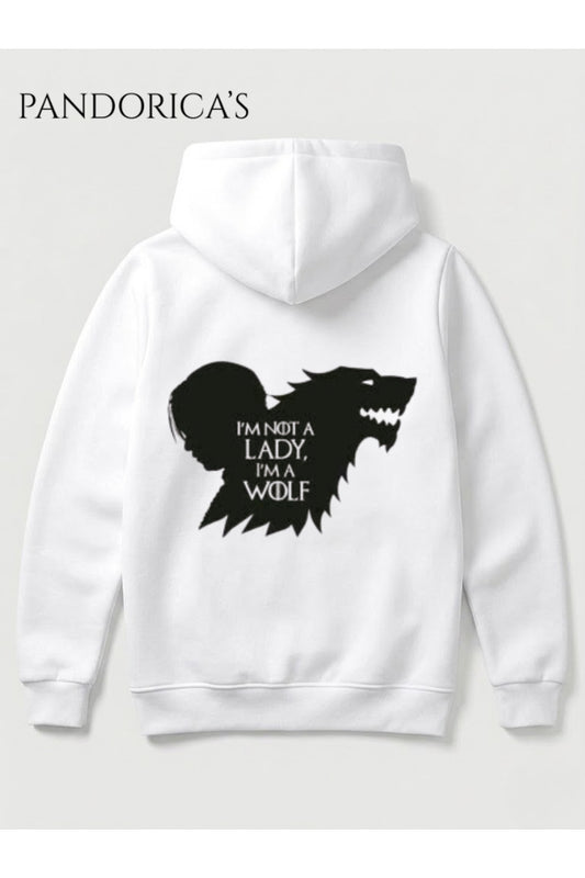 Game Of Thrones Tasarımı Arya Stark "I'M NOT A LADY, I'M A WOLF" Yazılı Sırt ve Ön Baskılı Unisex Kapüşonlu Pamuklu Sweatshir