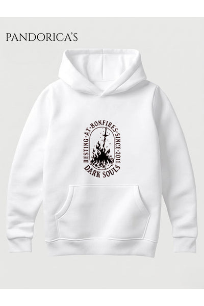 DARK SOULS Tasarım Serisi "BONFIRE KAMP ATEŞİ" Yazılı Sırt Baskılı Unisex Pamuklu Kapüşonlu Gamer Sweatshirt Hoodie