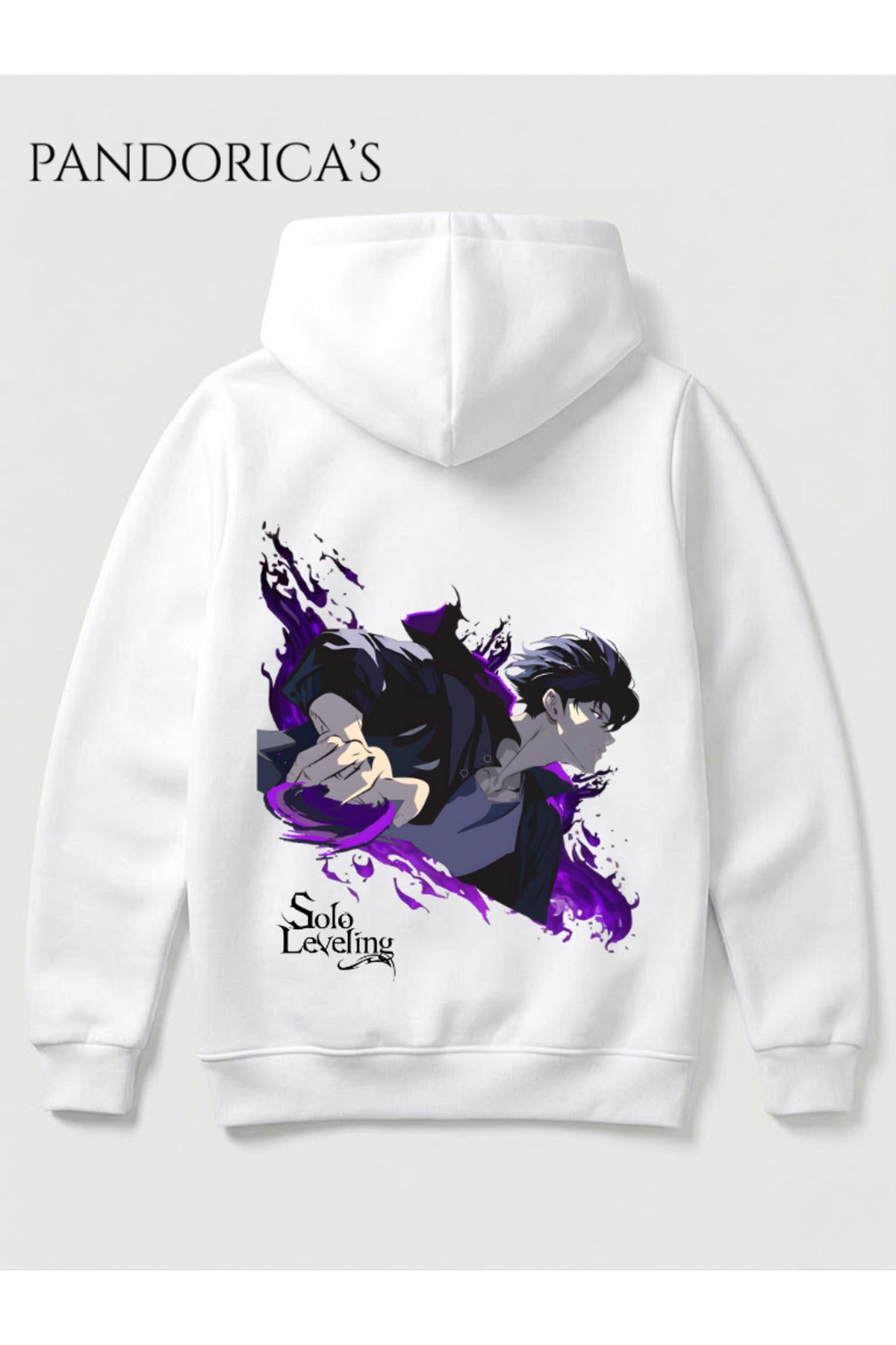 Beyaz Solo Leveling Anime Sung Jinwoo Tasarımı Yazılı Sırt Baskılı Yazılı Baskılı Unisex Kapüşonlu Pamuklu Sweatshirt Hoodie - 123
