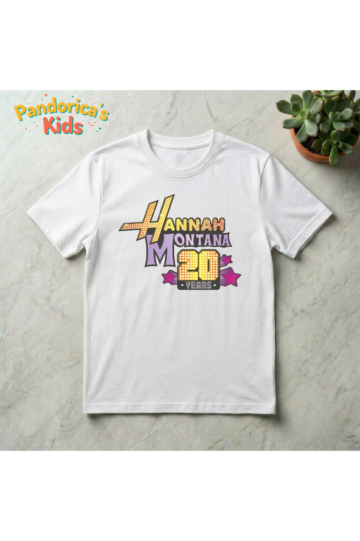 Beyaz Pandorica's Hannah Montana Miley Cyrus 20. Yıl Özel Pamuklu Çocuk T-Shirt - 6
