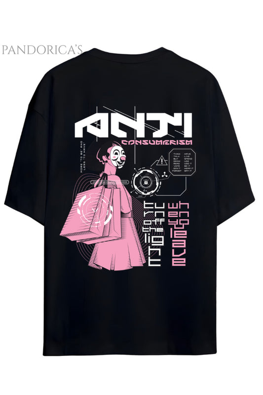 Streetwear Tasarımları Japanese Style "Anti-Consumerism" Yazılı Sırt Baskılı Pamuklu Unisex Tişört