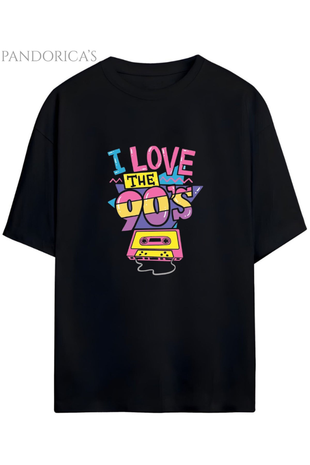 Siyah Pandorica's 90Lar "I Love 90's" Yazılı Baskılı Retro Tasarım Serisi Unisex Pamuklu Tişört - 21