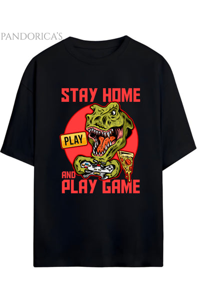 DİNO Tasarım Serisi -Gamer Dino- "STAY HOME AND PLAY GAME" Yazılı Dinazor Baskılı Pamuklu Unisex Tişört
