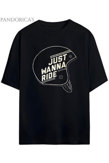 Pandorica's Motorcu Tasarım Baskılı "JUST WANNA RIDE" Yazılı Unisex Pamuklu T-shirt