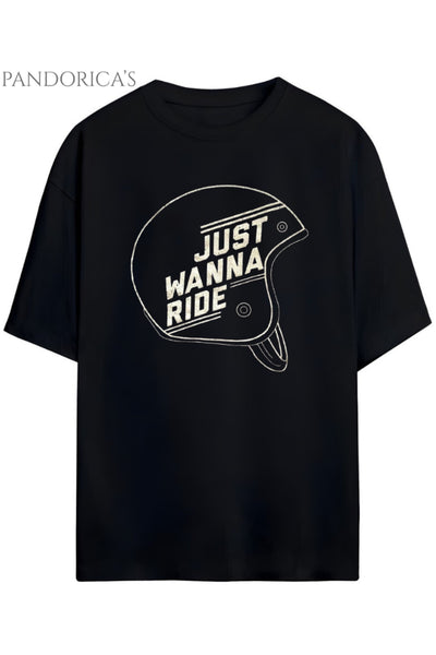Pandorica's Motorcu Tasarım Baskılı "JUST WANNA RIDE" Yazılı Unisex Pamuklu T-shirt