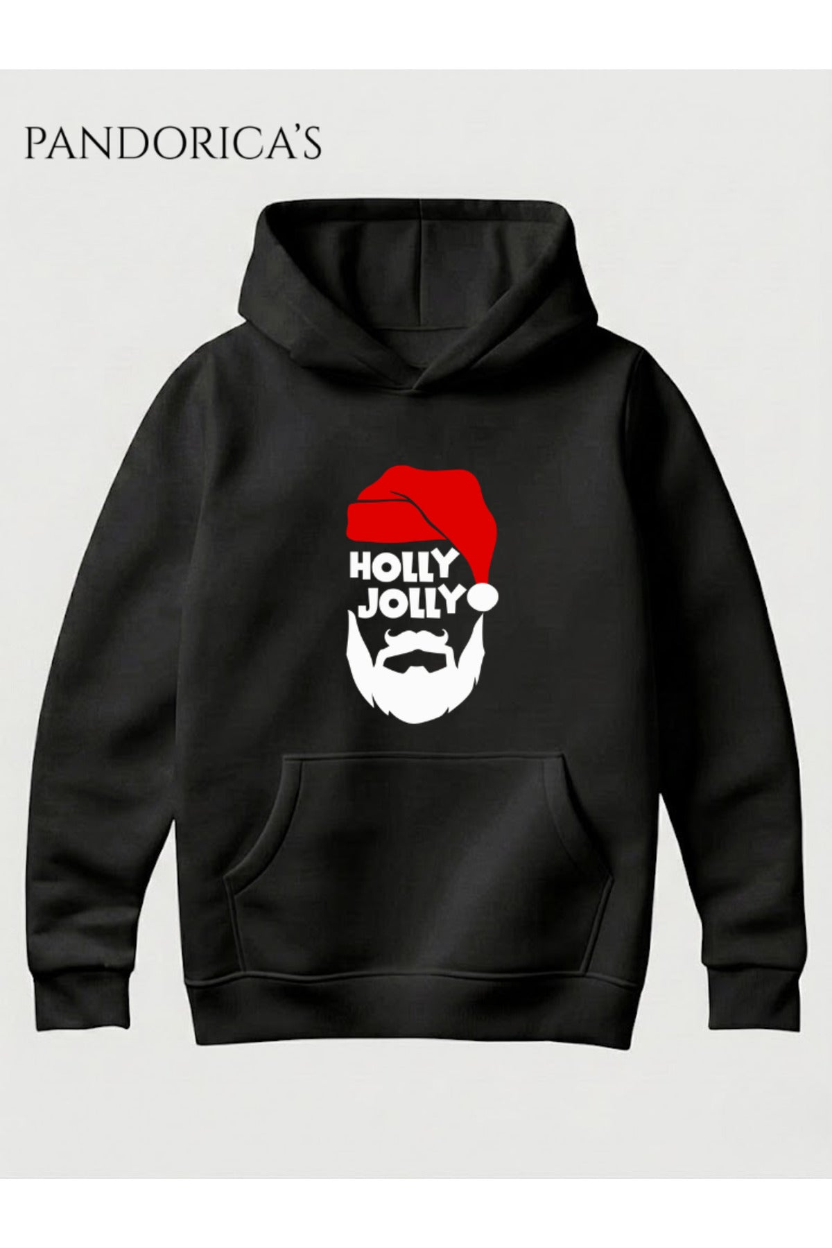 Siyah Unisex Holly Jolly Noel Baba Baskılı Yılbaşı Temalı Hediye Konseptli Pamuklu Kapüşonlu Sweatshirt Hooded Hoodie