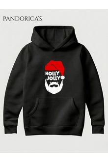 Siyah Unisex Holly Jolly Noel Baba Baskılı Yılbaşı Temalı Hediye Konseptli Pamuklu Kapüşonlu Sweatshirt Hooded Hoodie