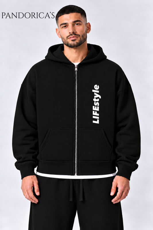 Urban Streetwear Konseptli -Statement Koleksiyonu- Dikey Yazılı Baskılı Unisex Oversize Kapüşonlu Pamuklu Fermuarlı Hırka