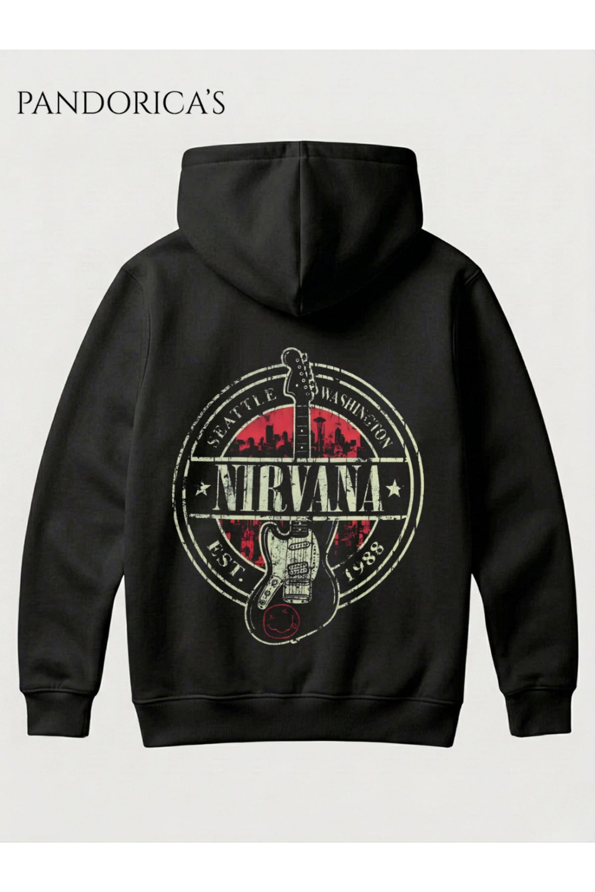 Siyah Nirvana Tasarımı Yazılı Sırt Baskılı Unisex Kapüşonlu Pamuklu Sweatshirt Kanguru Cep Hoodie - 24