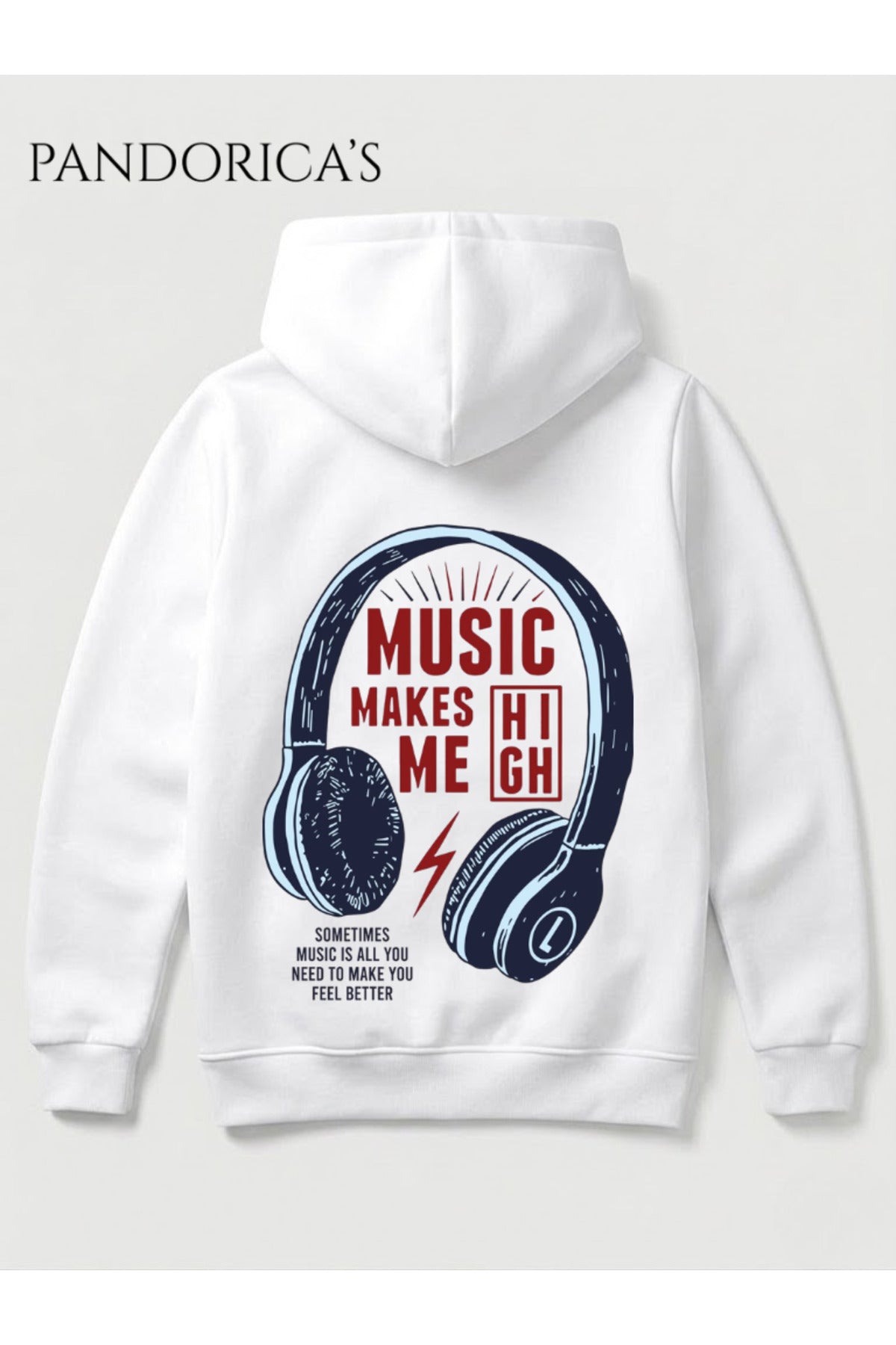 "Music Makes Me High" Yazılı Sırt Baskılı Kulaklık Tasarım Unisex Kapüşonlu Pamuklu Sweatshirt Hoodie