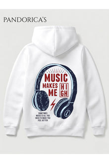 "MUSIC MAKES ME HIGH" Yazılı SIRT BASKILI Kulaklık Tasarım Unisex Kapüşonlu Pamuklu Sweatshirt Hoodie
