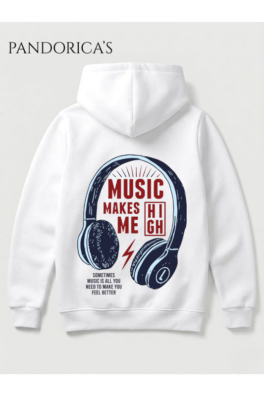 "MUSIC MAKES ME HIGH" Yazılı SIRT BASKILI Kulaklık Tasarım Unisex Kapüşonlu Pamuklu Sweatshirt Hoodie