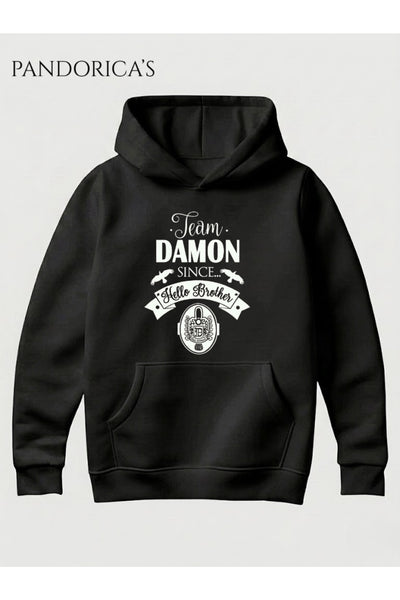 Vampire Diaries Damon Salvatore "Team Damon Hello Brother" Yazılı Kapüşonlu Pamuklu Unisex Kapüşonlu Sweatshirt Hooded (Hoodie)