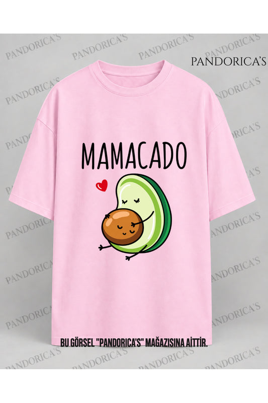 Kadın Hamile Temalı "MAMACADO" Sevimli Avokado Baskılı Oversize %100 Pamuk Tişört Bisiklet Yaka